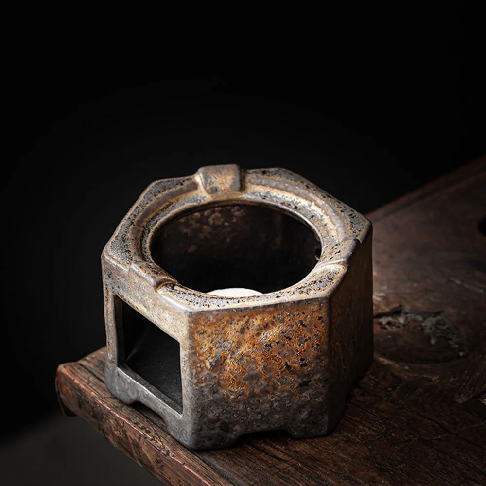 Coarse Pottery Hexagon Teapot With Candle Warmer - Image 4