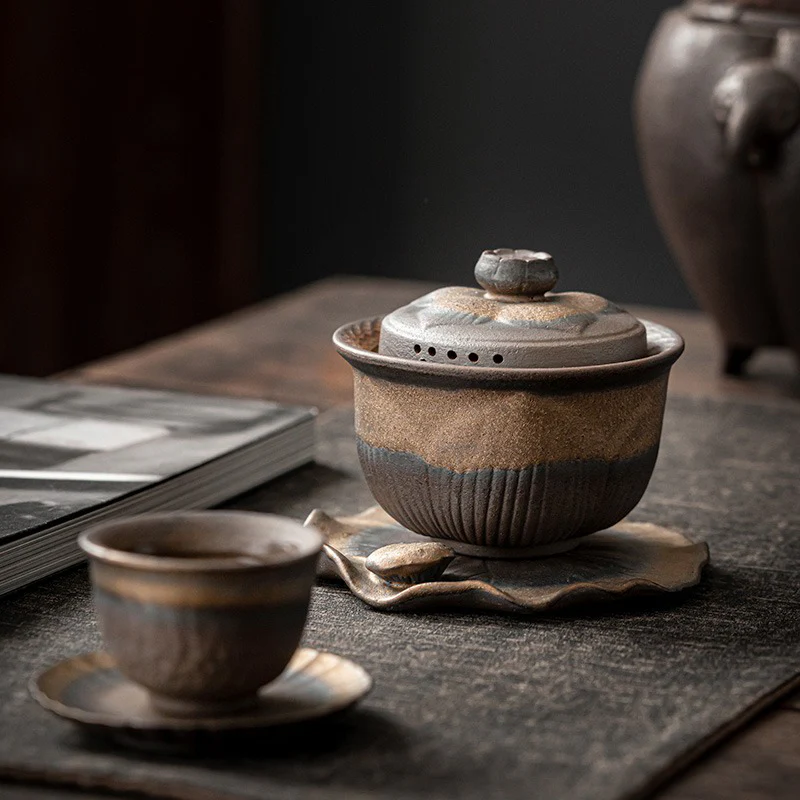 Coarse Pottery Lotus Gaiwan Teapot - Image 11