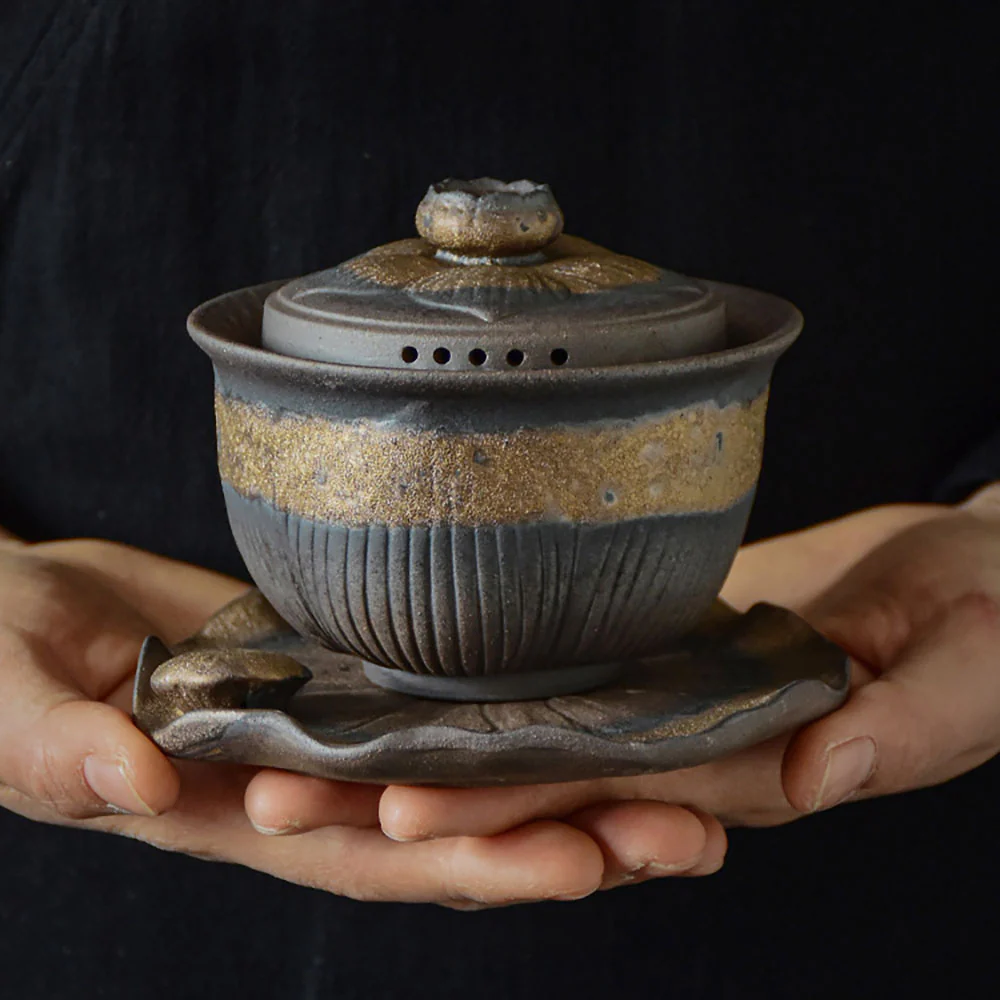 Coarse Pottery Lotus Gaiwan Teapot - Image 3