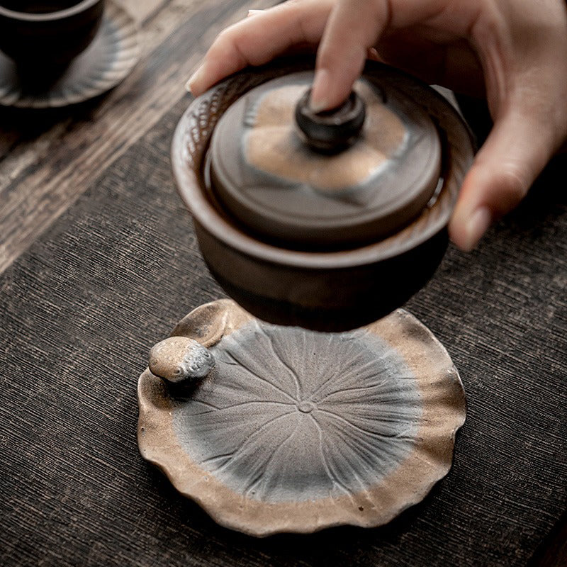 Coarse Pottery Lotus Gaiwan Teapot - Image 6