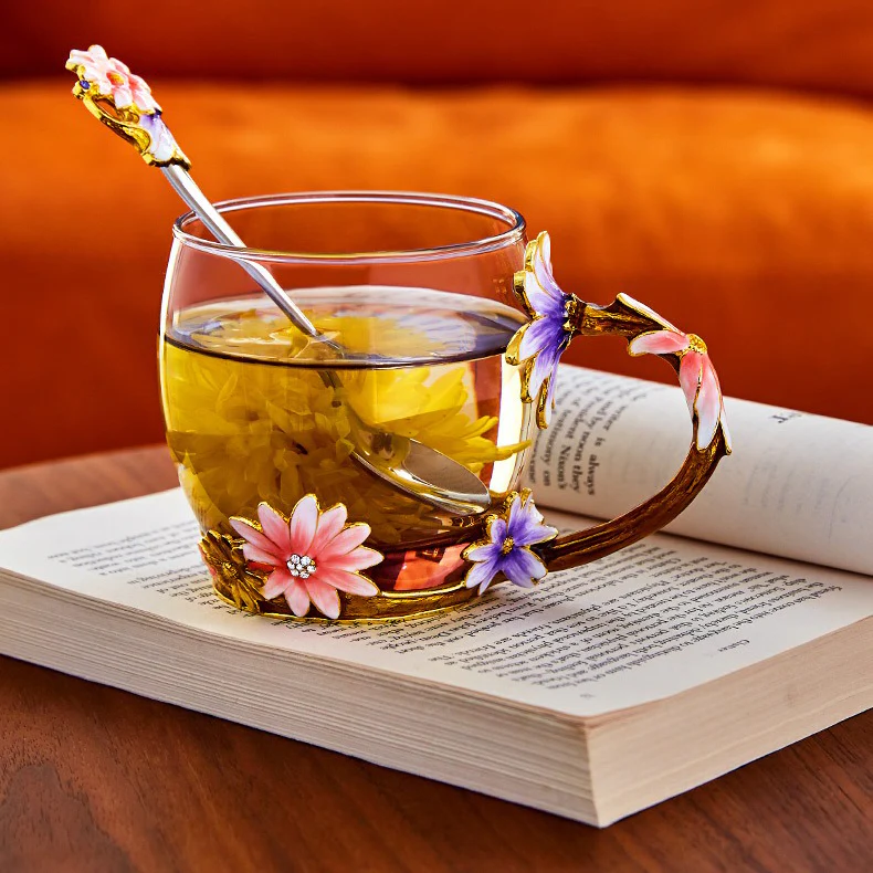 Colour Enamel Flowers Glass Tea Cup - Image 10