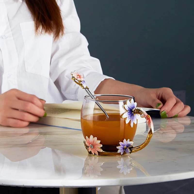 Colour Enamel Flowers Glass Tea Cup - Image 5