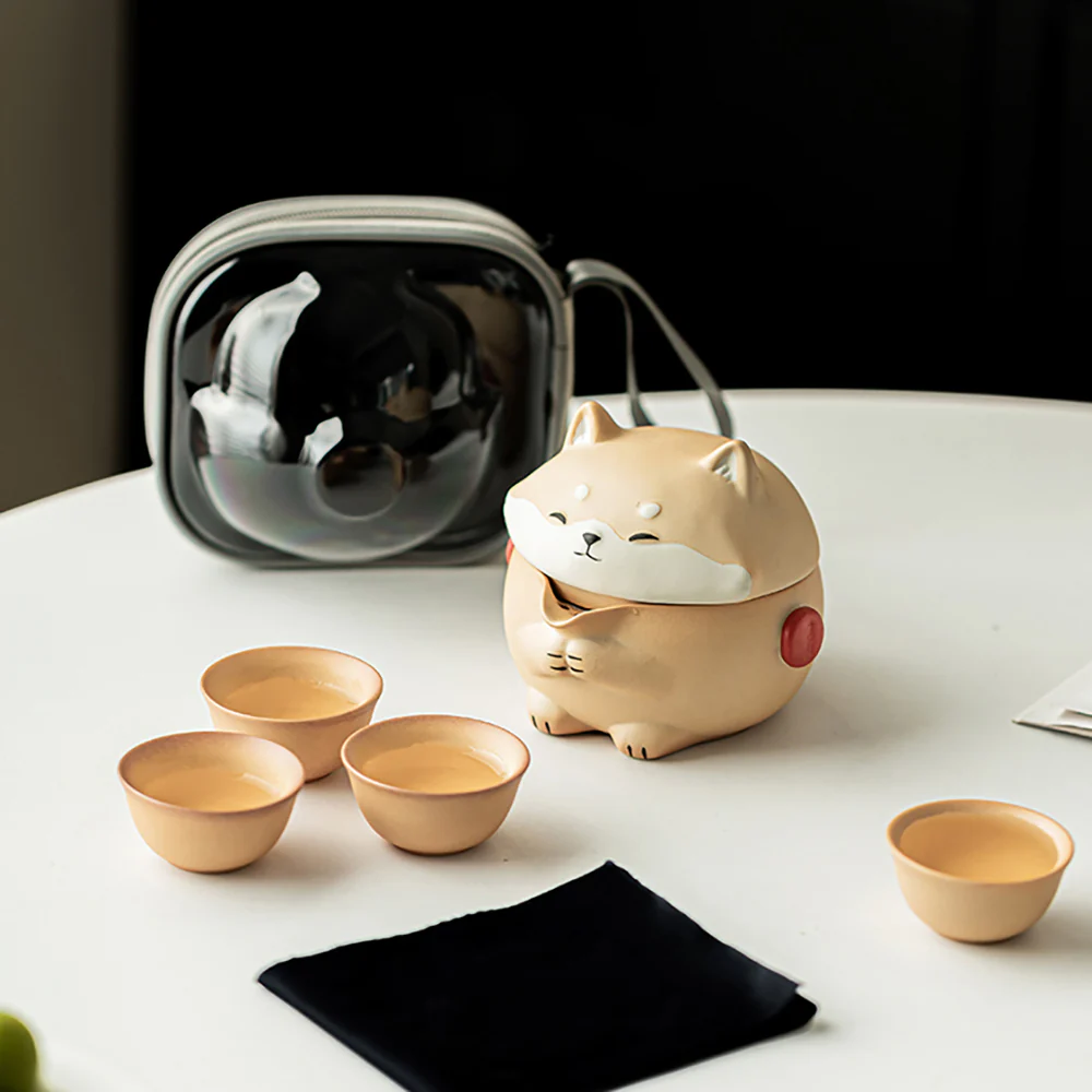 Cute Shiba Inu Pottery Travel Tea Set - Image 2