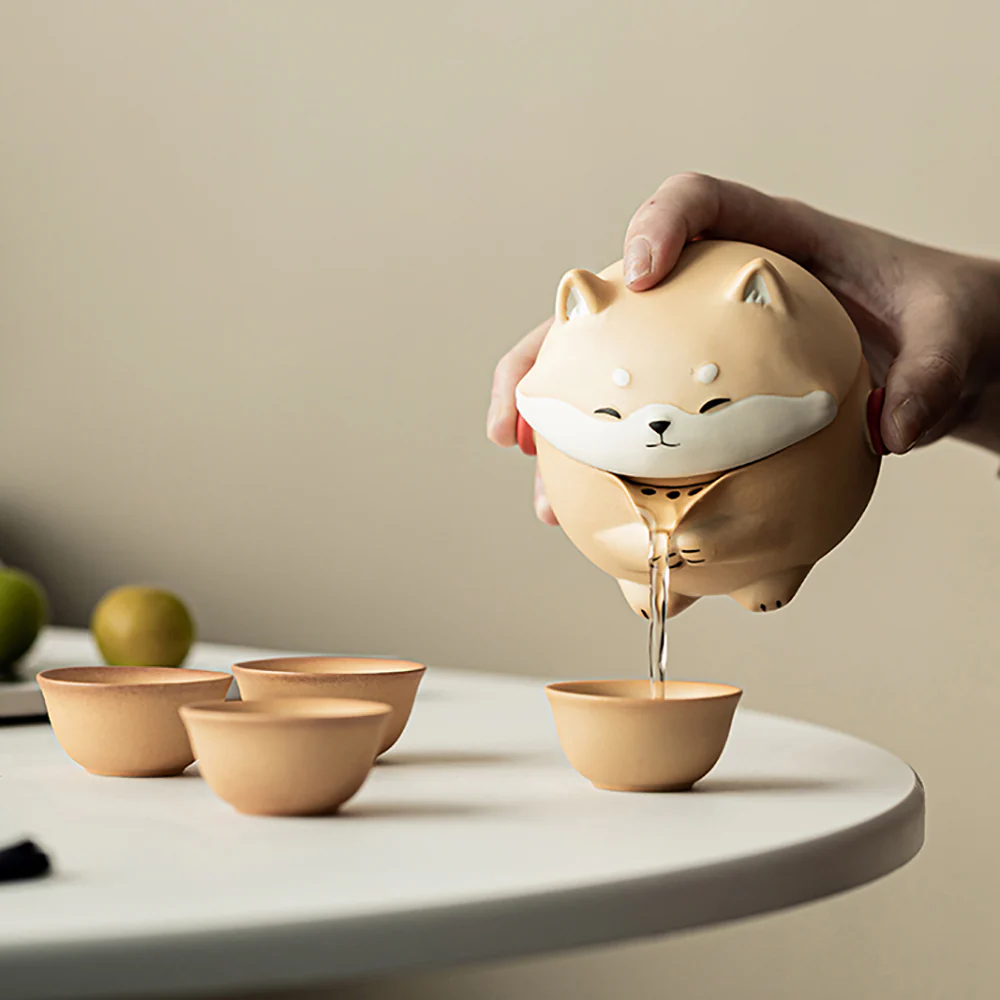 Cute Shiba Inu Pottery Travel Tea Set - Image 3