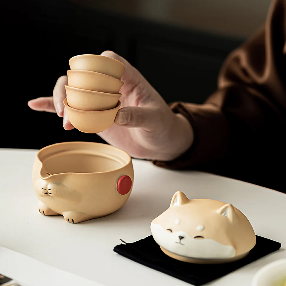Cute Shiba Inu Pottery Travel Tea Set - Image 4