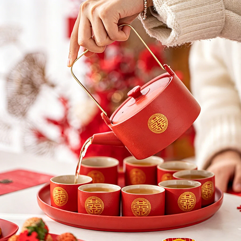 Double Happiness Ceramic Wedding Tea Set - Image 4