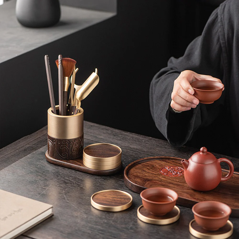 Ebony & Copper Tea Utensils Set With Coaster - Image 2