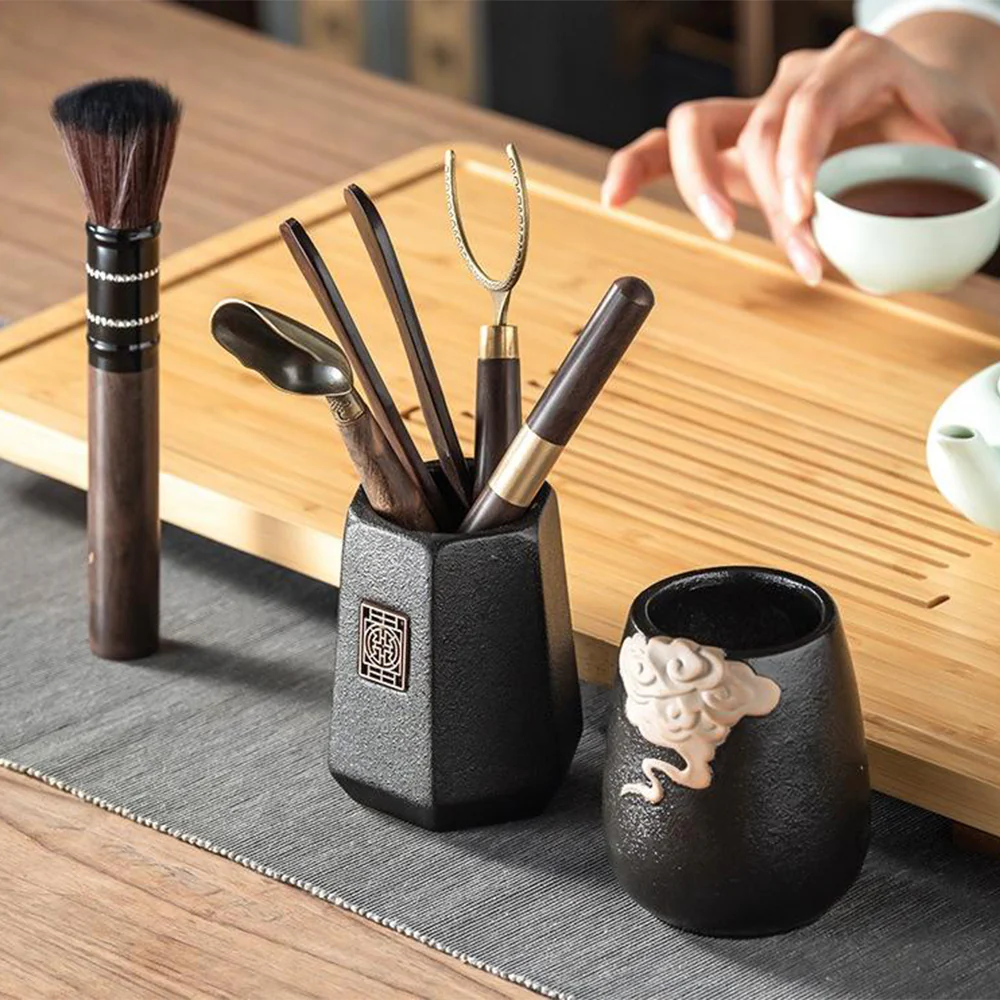 Ebony Tea Utensils Set With Auspicious Clouds Holder - Image 3