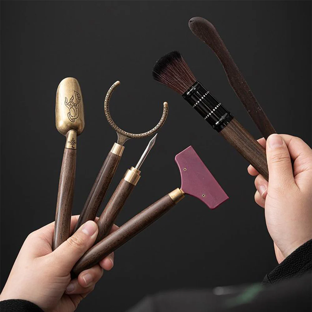 Ebony Tea Utensils Set With Bronze Glaze Ceramic Holder - Image 2