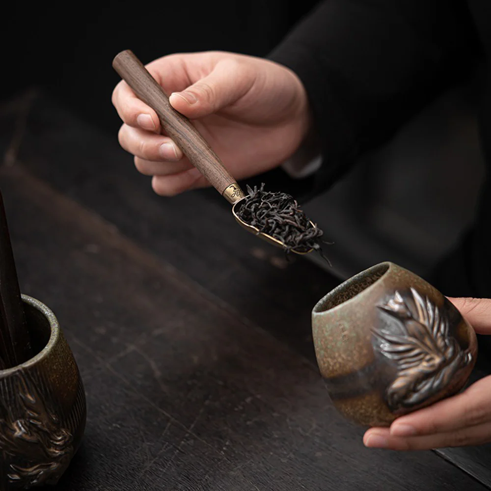 Ebony Tea Utensils Set With Bronze Glaze Ceramic Holder - Image 6