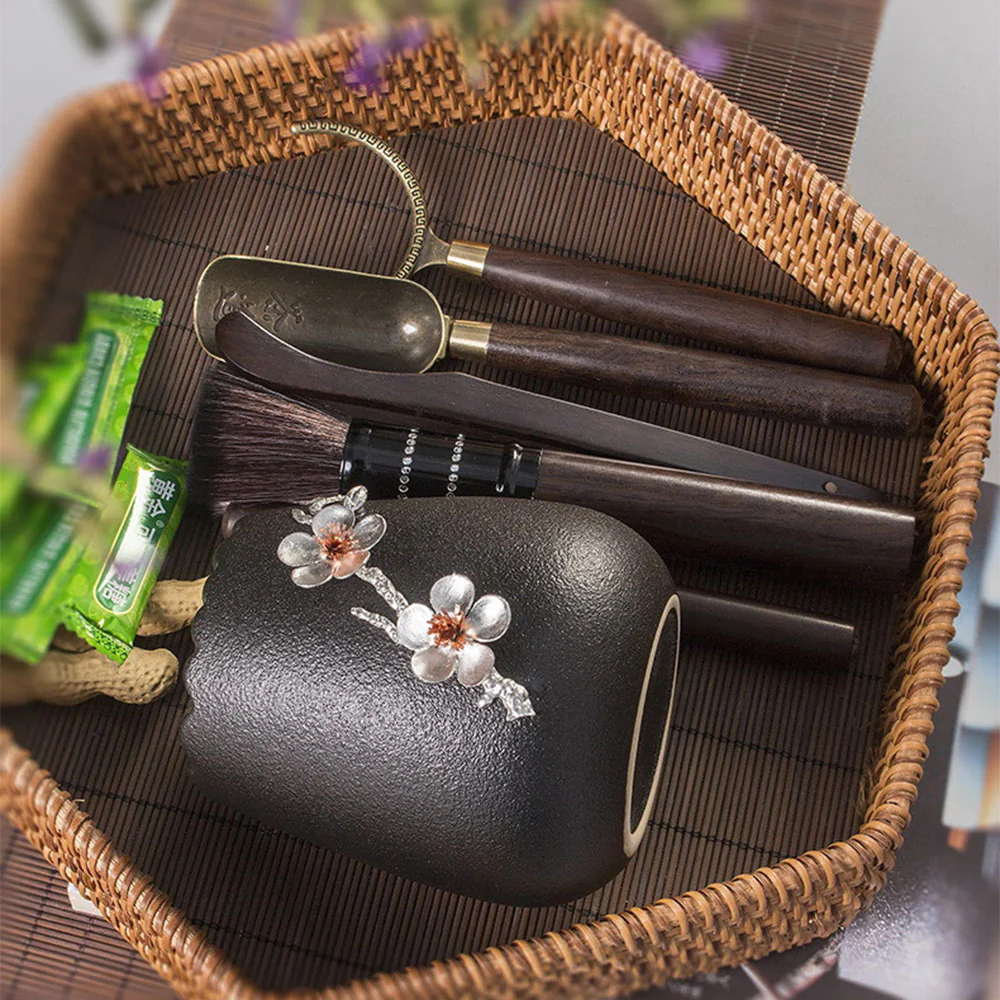 Ebony Tea Utensils Set With Ceramic Plum Blossom Holder - Image 3