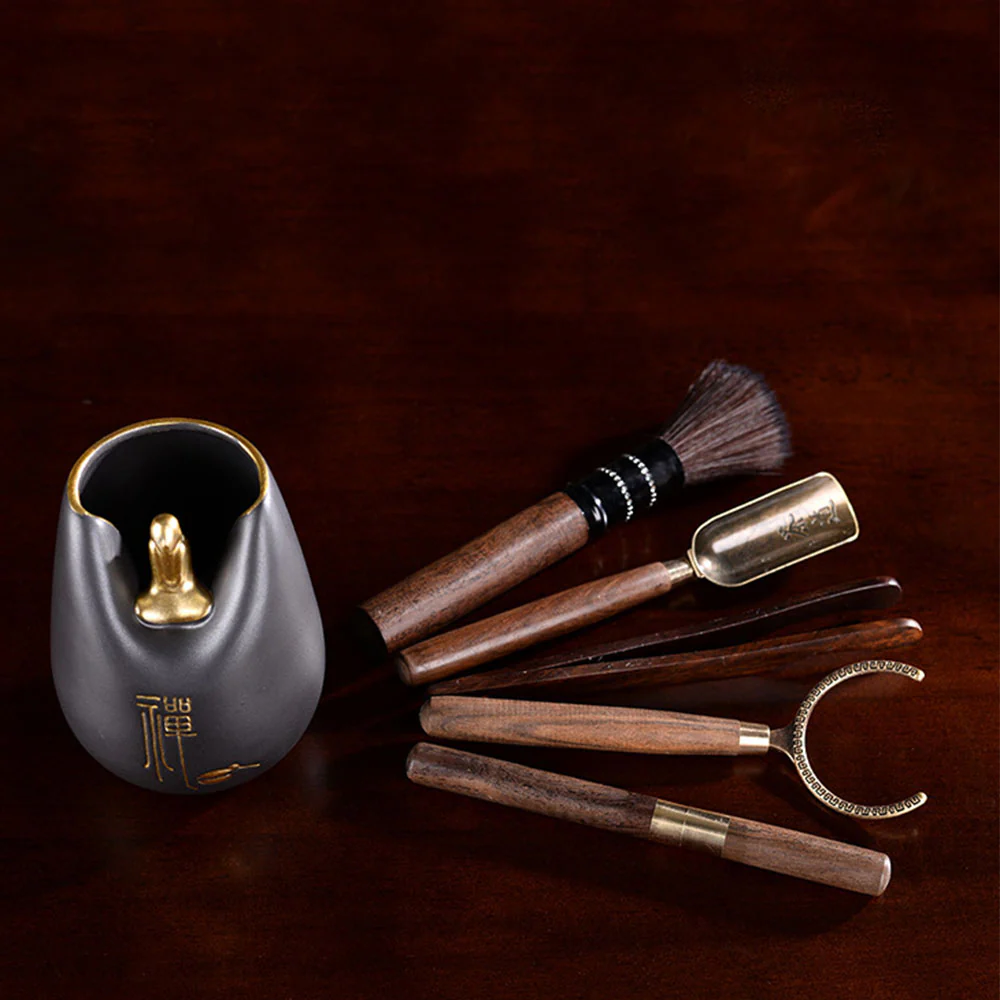 Ebony Tea Utensils Set With Coarse Pottery Monk Holder - Image 3
