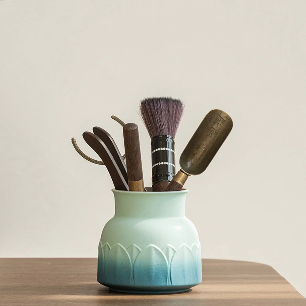 Ebony Tea Utensils Set With Lotus Ceramic Holder