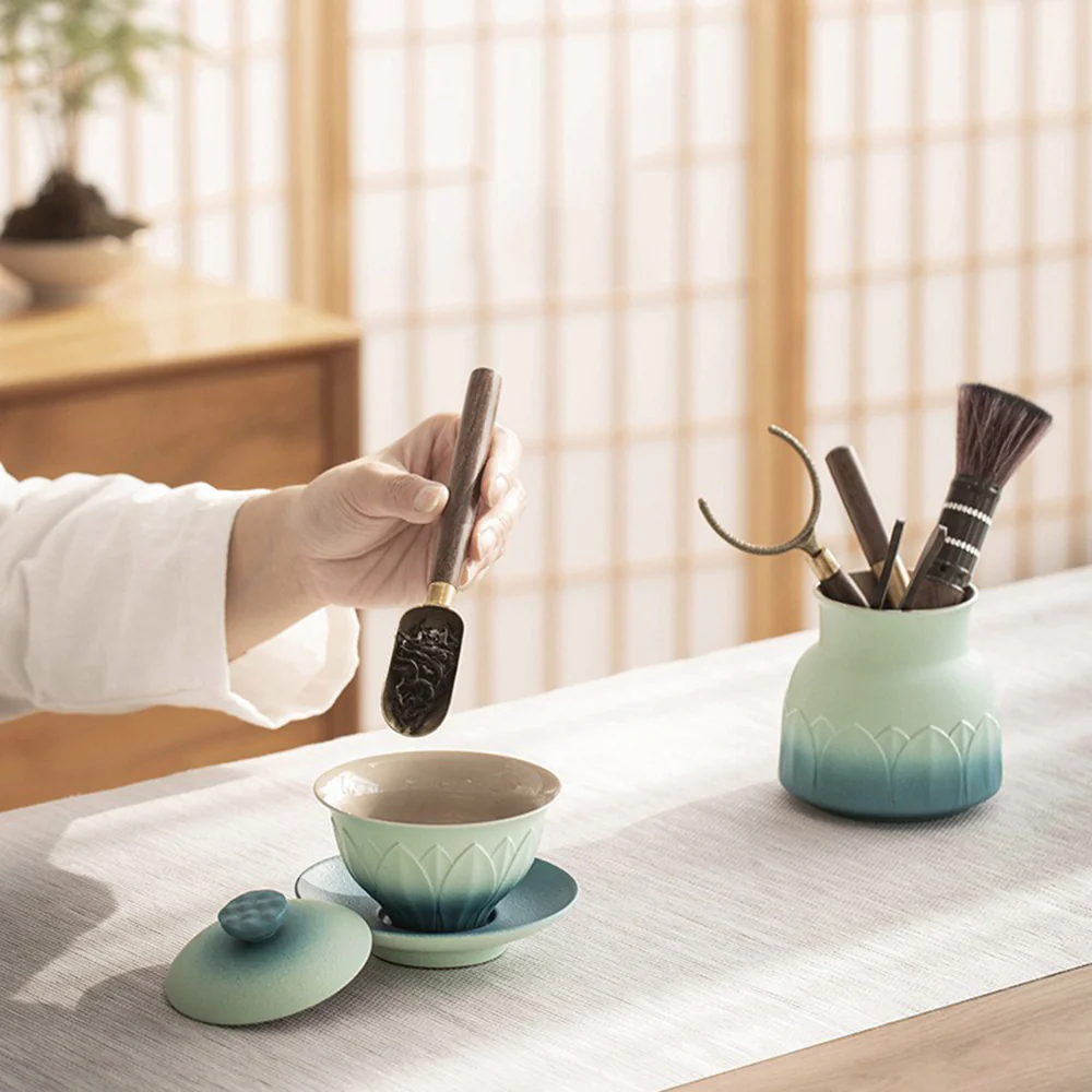 Ebony Tea Utensils Set With Lotus Ceramic Holder - Image 3