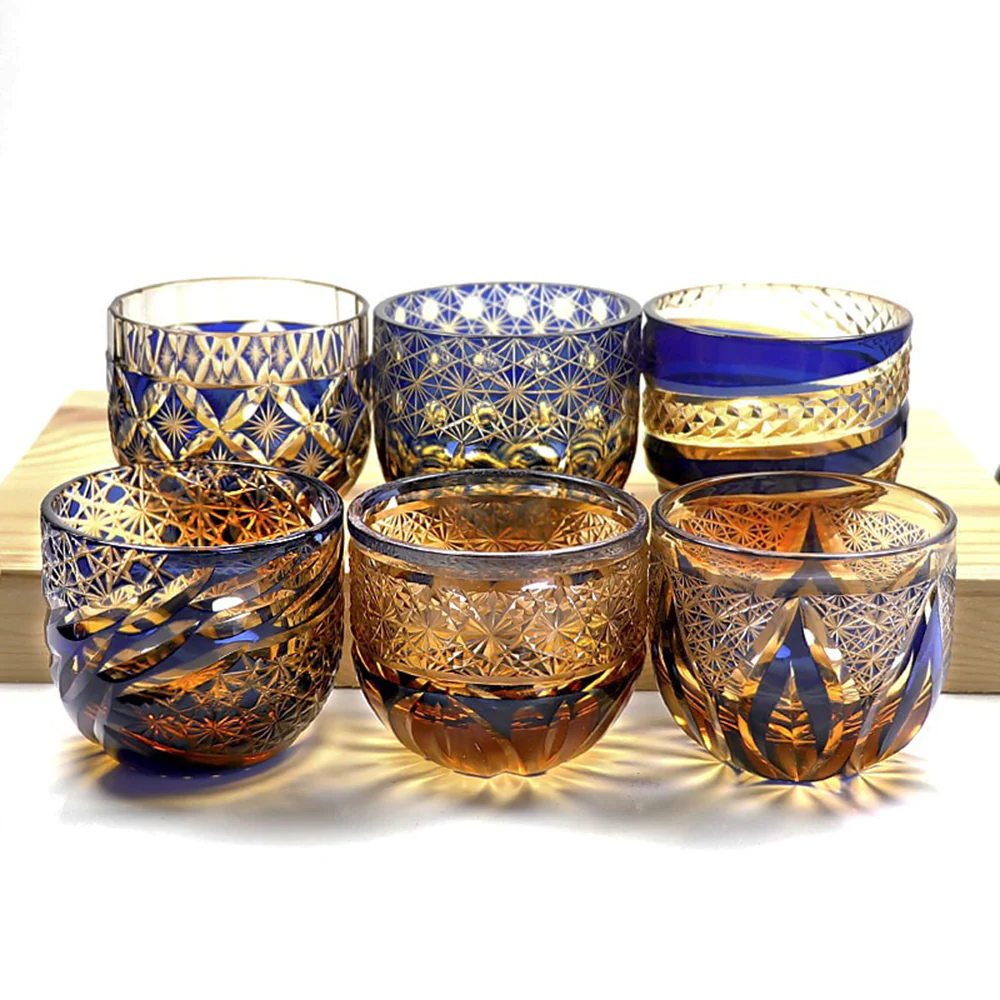 Edo Kiriko Amber Blue Chrysanthemum Whiskey Glass Tea Cup