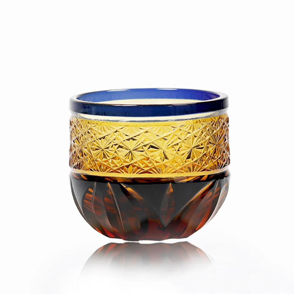 Edo Kiriko Amber Blue Chrysanthemum Whiskey Glass Tea Cup - Image 2