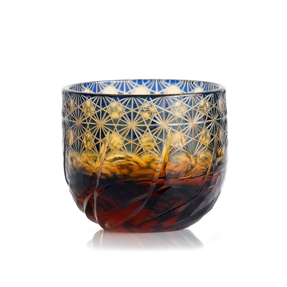 Edo Kiriko Amber Blue Chrysanthemum Whiskey Glass Tea Cup - Image 3