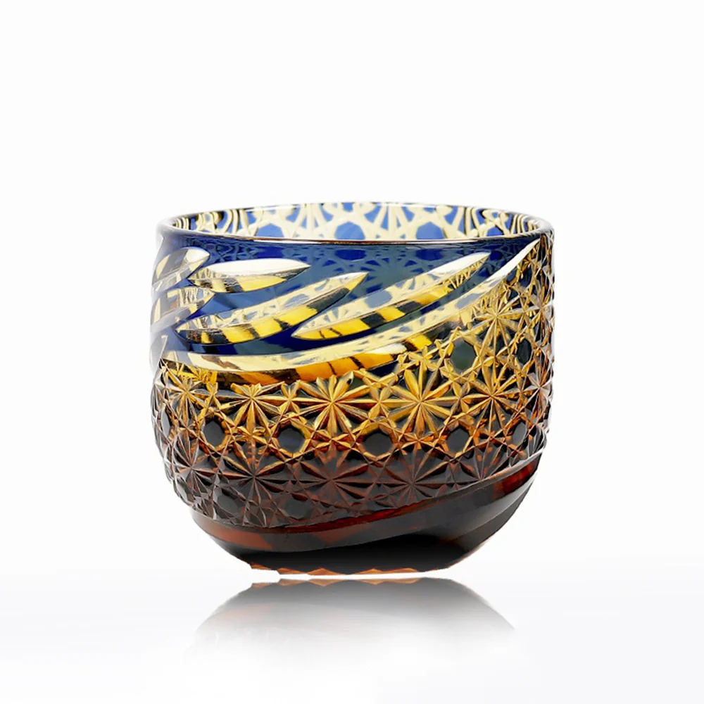 Edo Kiriko Amber Blue Chrysanthemum Whiskey Glass Tea Cup - Image 4