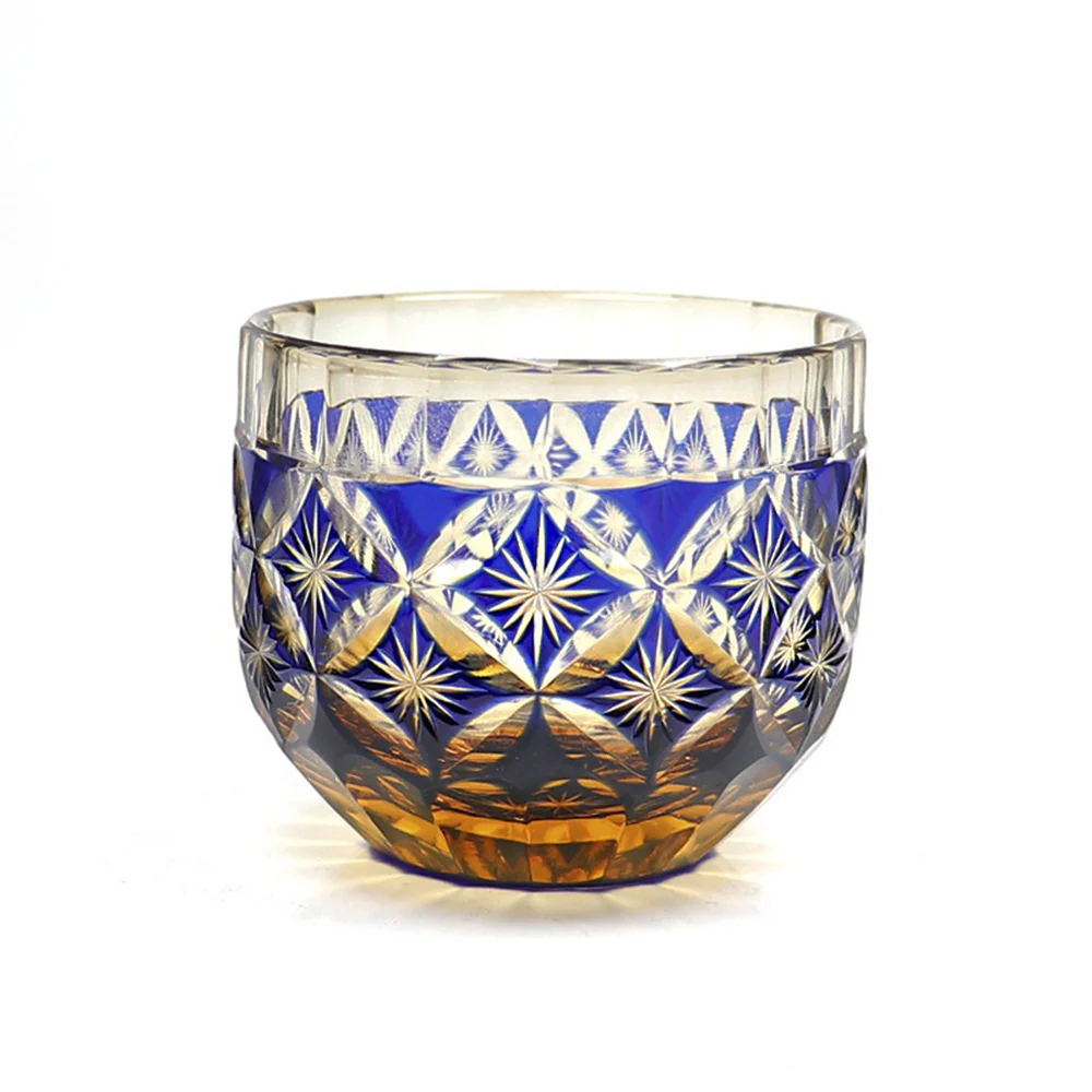 Edo Kiriko Amber Blue Chrysanthemum Whiskey Glass Tea Cup - Image 5