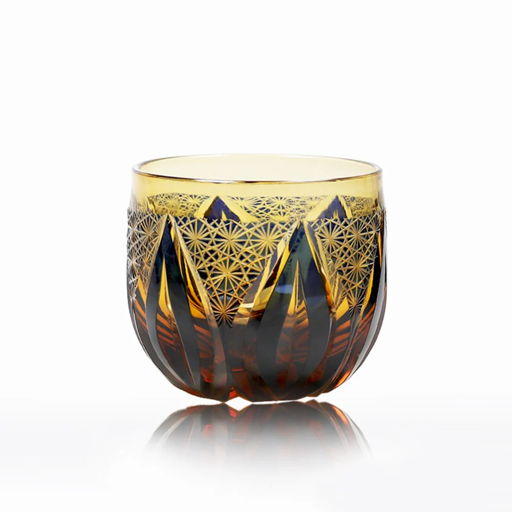 Edo Kiriko Amber Blue Chrysanthemum Whiskey Glass Tea Cup - Image 6