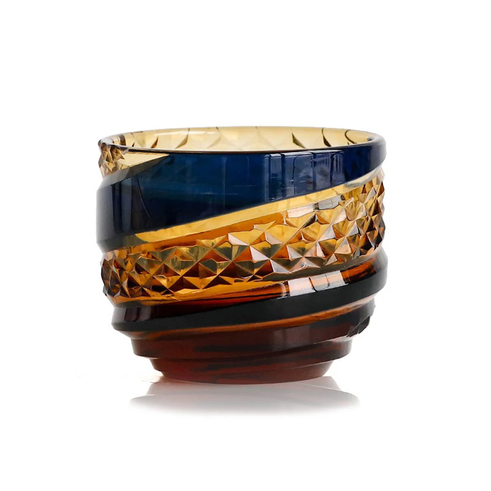 Edo Kiriko Amber Blue Chrysanthemum Whiskey Glass Tea Cup - Image 7