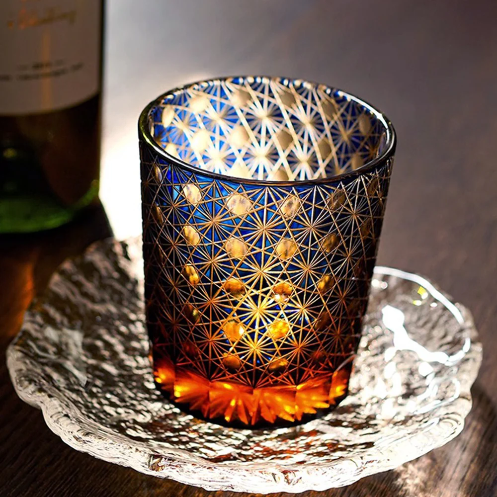 Edo Kiriko Amber Star Chrysanthemum Whiskey Glass Tea Cup