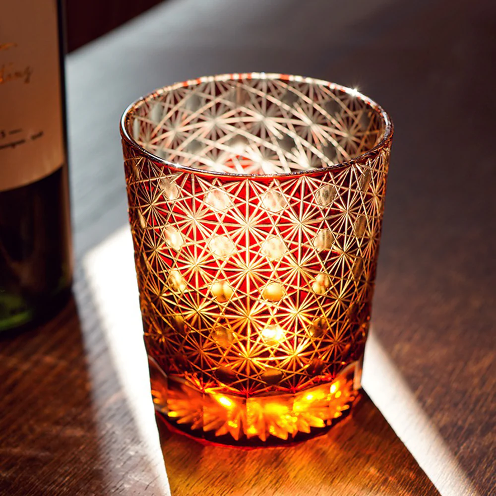 Edo Kiriko Amber Star Chrysanthemum Whiskey Glass Tea Cup - Image 2