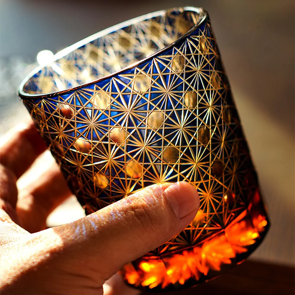 Edo Kiriko Amber Star Chrysanthemum Whiskey Glass Tea Cup - Image 3