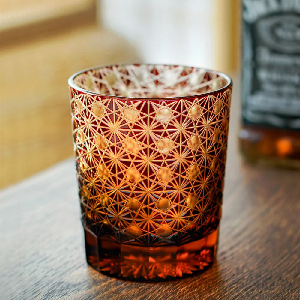 Edo Kiriko Amber Star Chrysanthemum Whiskey Glass Tea Cup - Image 4