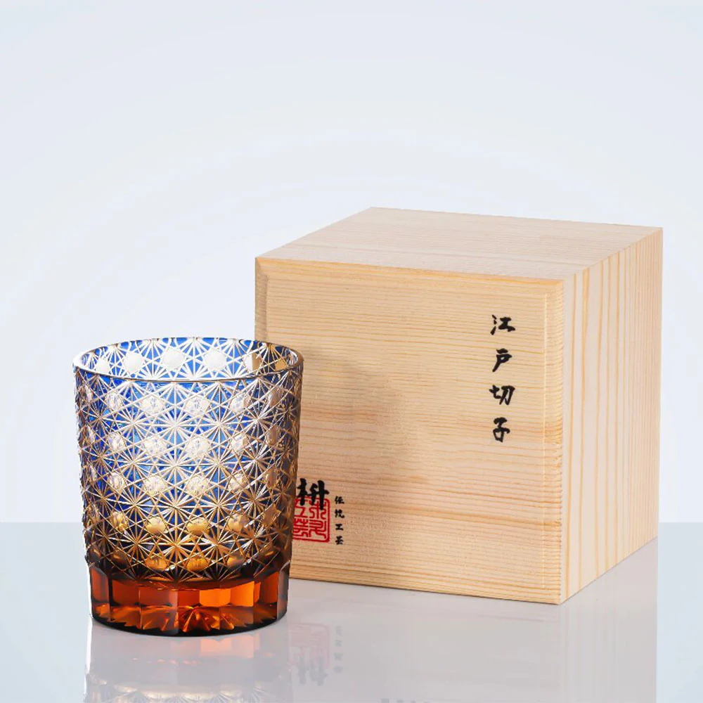 Edo Kiriko Amber Star Chrysanthemum Whiskey Glass Tea Cup - Image 7