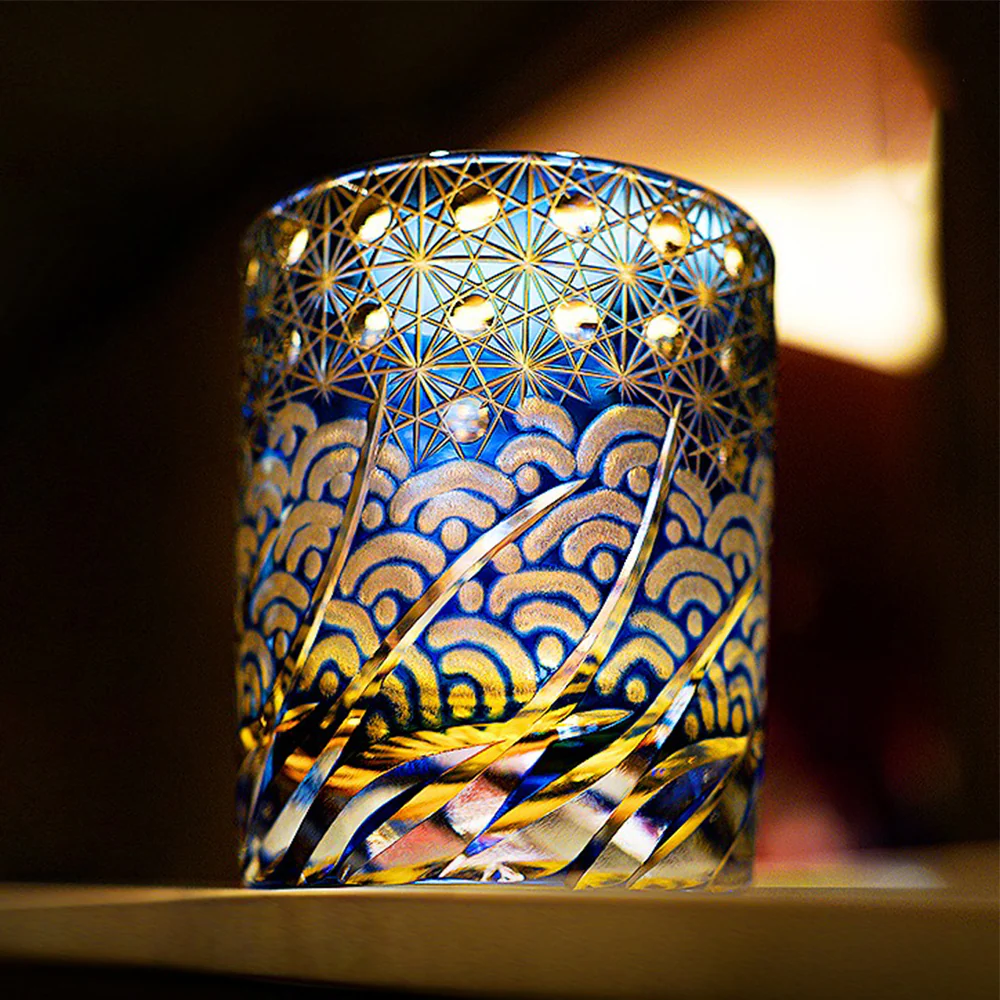 Edo Kiriko Handcrafted Amber Blue Whiskey Glass Tea Cup - Image 2