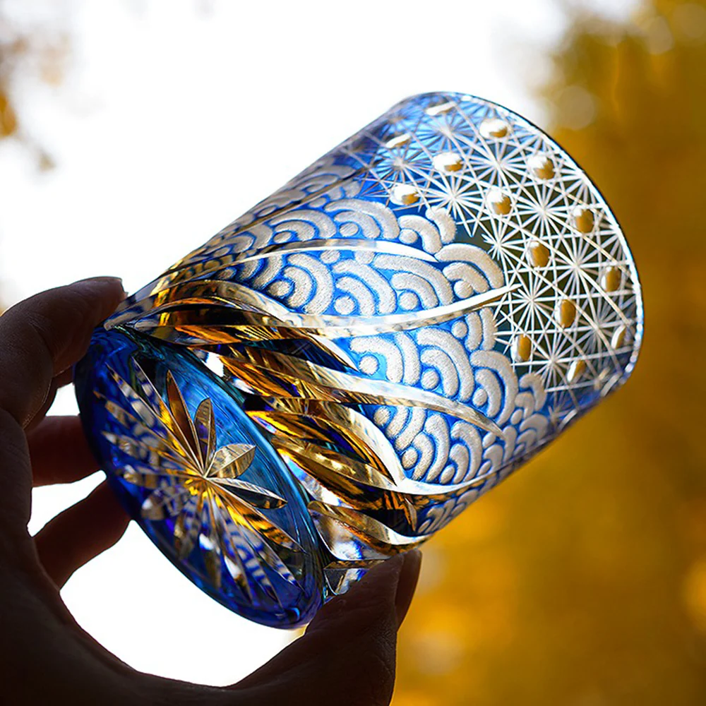 Edo Kiriko Handcrafted Amber Blue Whiskey Glass Tea Cup - Image 4