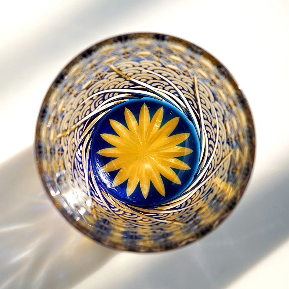 Edo Kiriko Handcrafted Amber Blue Whiskey Glass Tea Cup - Image 6