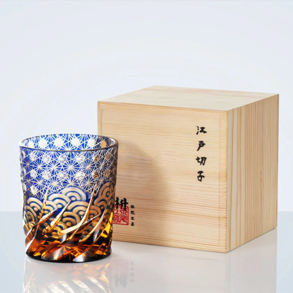 Edo Kiriko Handcrafted Amber Blue Whiskey Glass Tea Cup - Image 7
