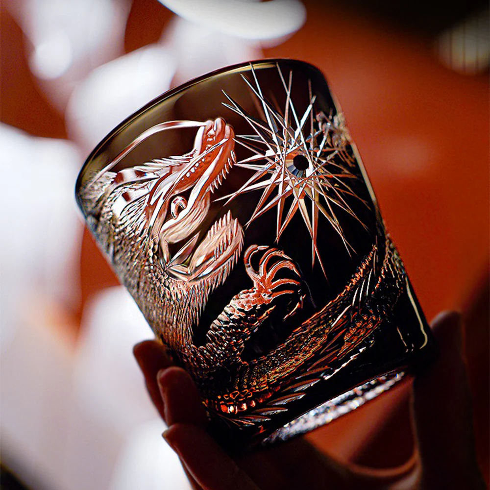 Edo Kiriko Handcrafted Midnight Dragon Whisky Glass Tea Cup - Image 2