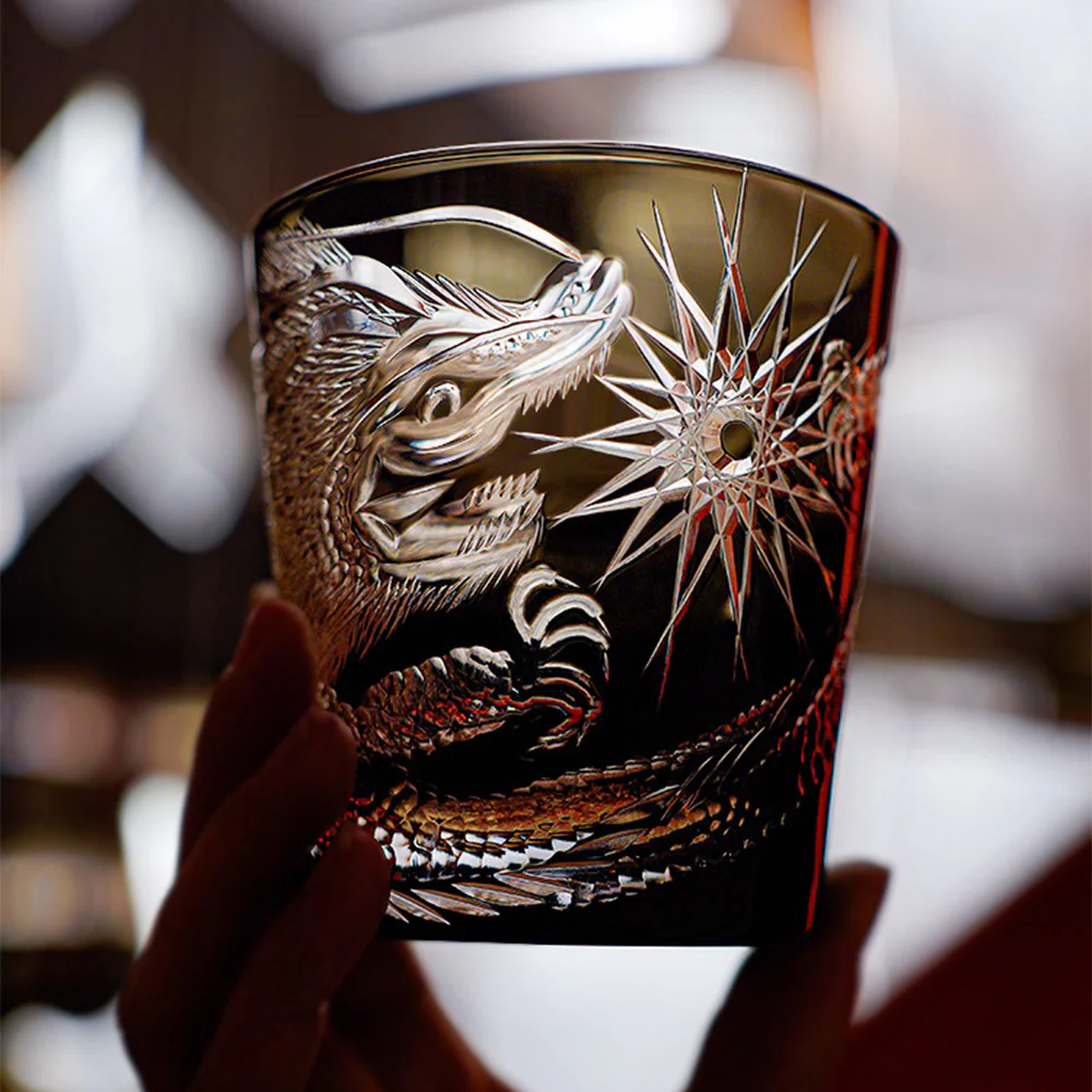 Edo Kiriko Handcrafted Midnight Dragon Whisky Glass Tea Cup - Image 3