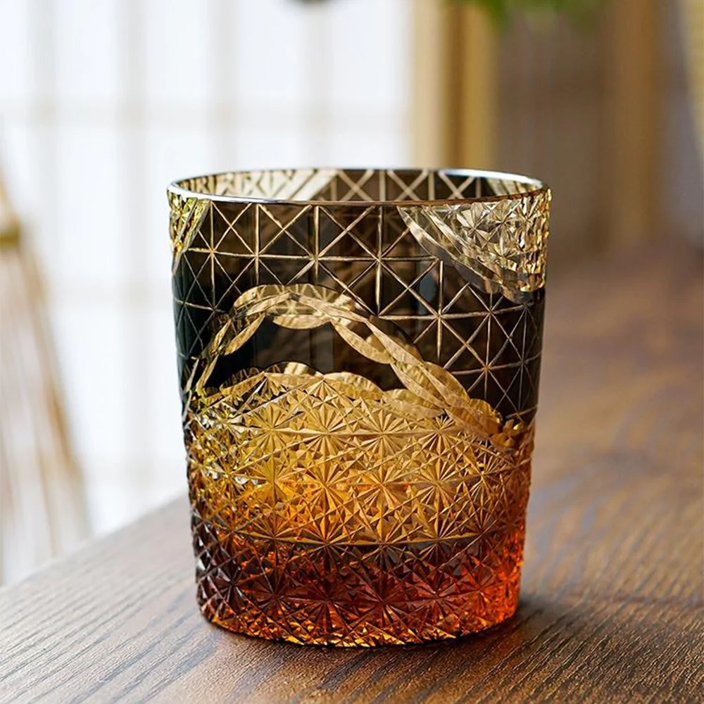 Edo Kiriko Prism Amber Chrysanthemum Whiskey Glass Tea Cup - Image 2