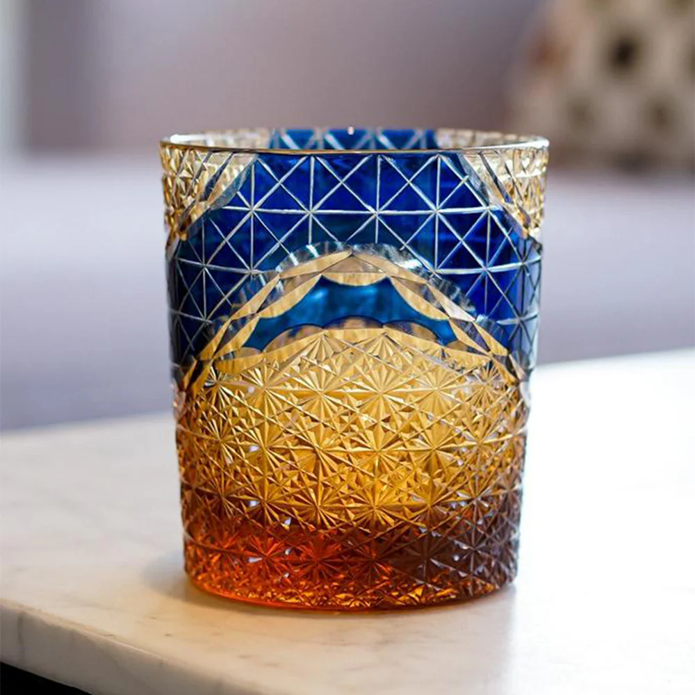 Edo Kiriko Prism Amber Chrysanthemum Whiskey Glass Tea Cup - Image 3