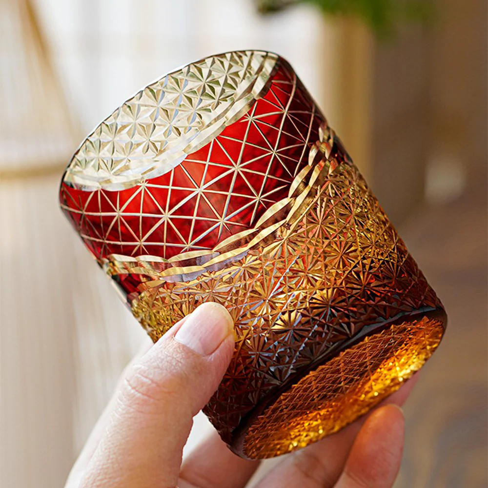 Edo Kiriko Prism Amber Chrysanthemum Whiskey Glass Tea Cup - Image 4