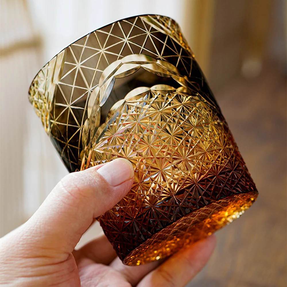 Edo Kiriko Prism Amber Chrysanthemum Whiskey Glass Tea Cup - Image 5