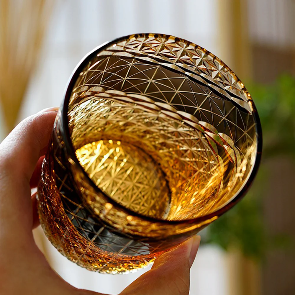 Edo Kiriko Prism Amber Chrysanthemum Whiskey Glass Tea Cup - Image 6
