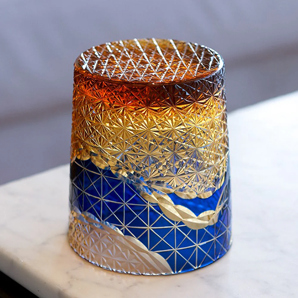 Edo Kiriko Prism Amber Chrysanthemum Whiskey Glass Tea Cup - Image 7