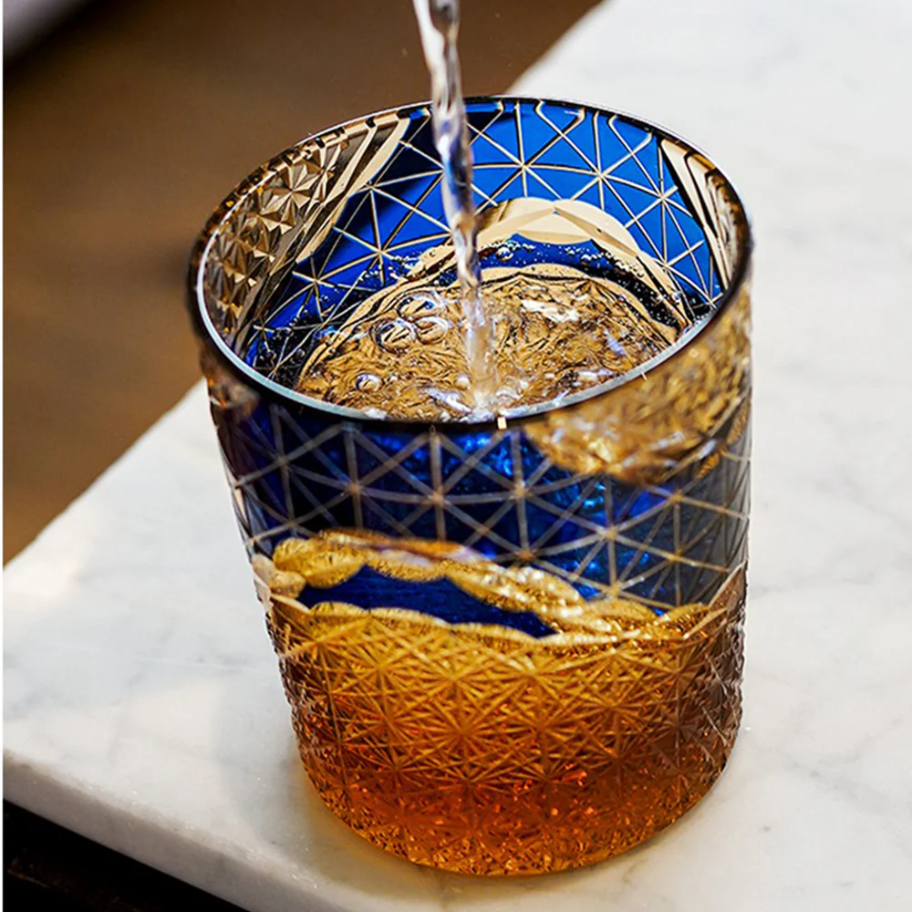 Edo Kiriko Prism Amber Chrysanthemum Whiskey Glass Tea Cup - Image 8