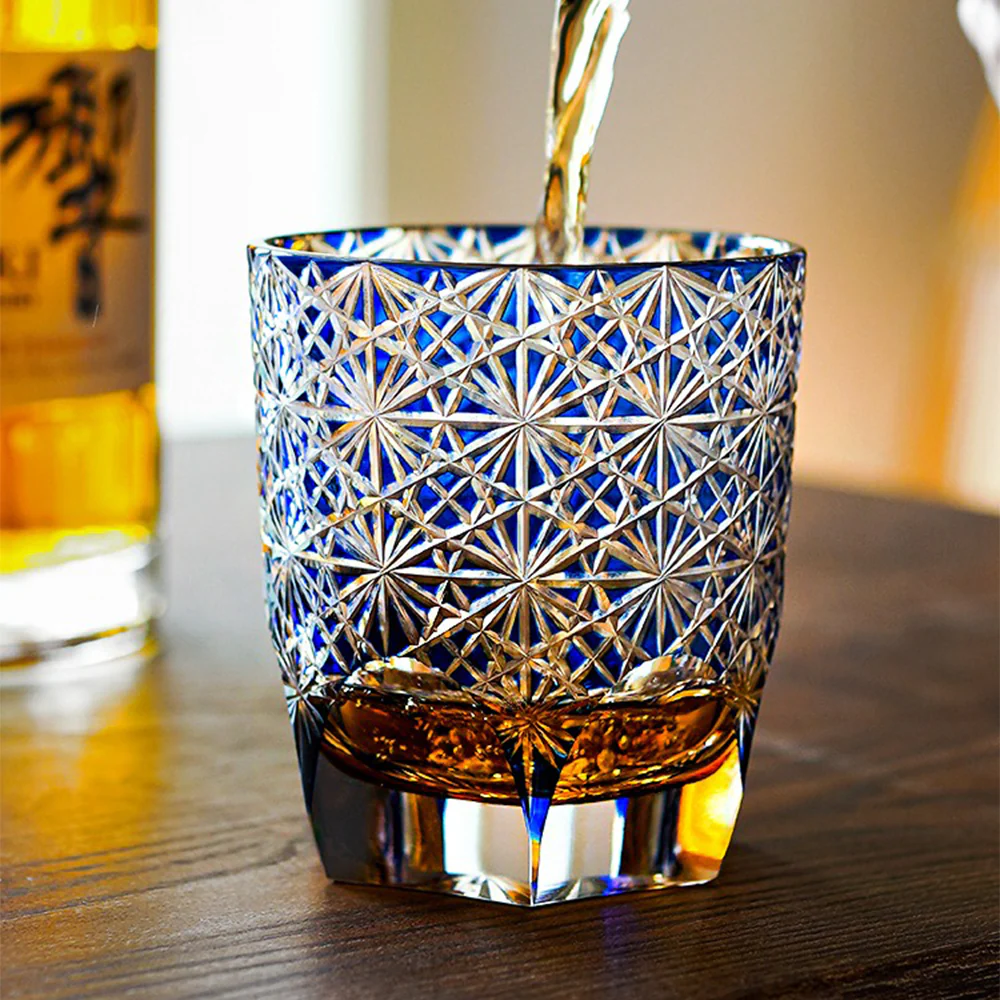 Edo Kiriko Royal Blue Star Chrysanthemum Whiskey Glass Tea Cup - Image 2