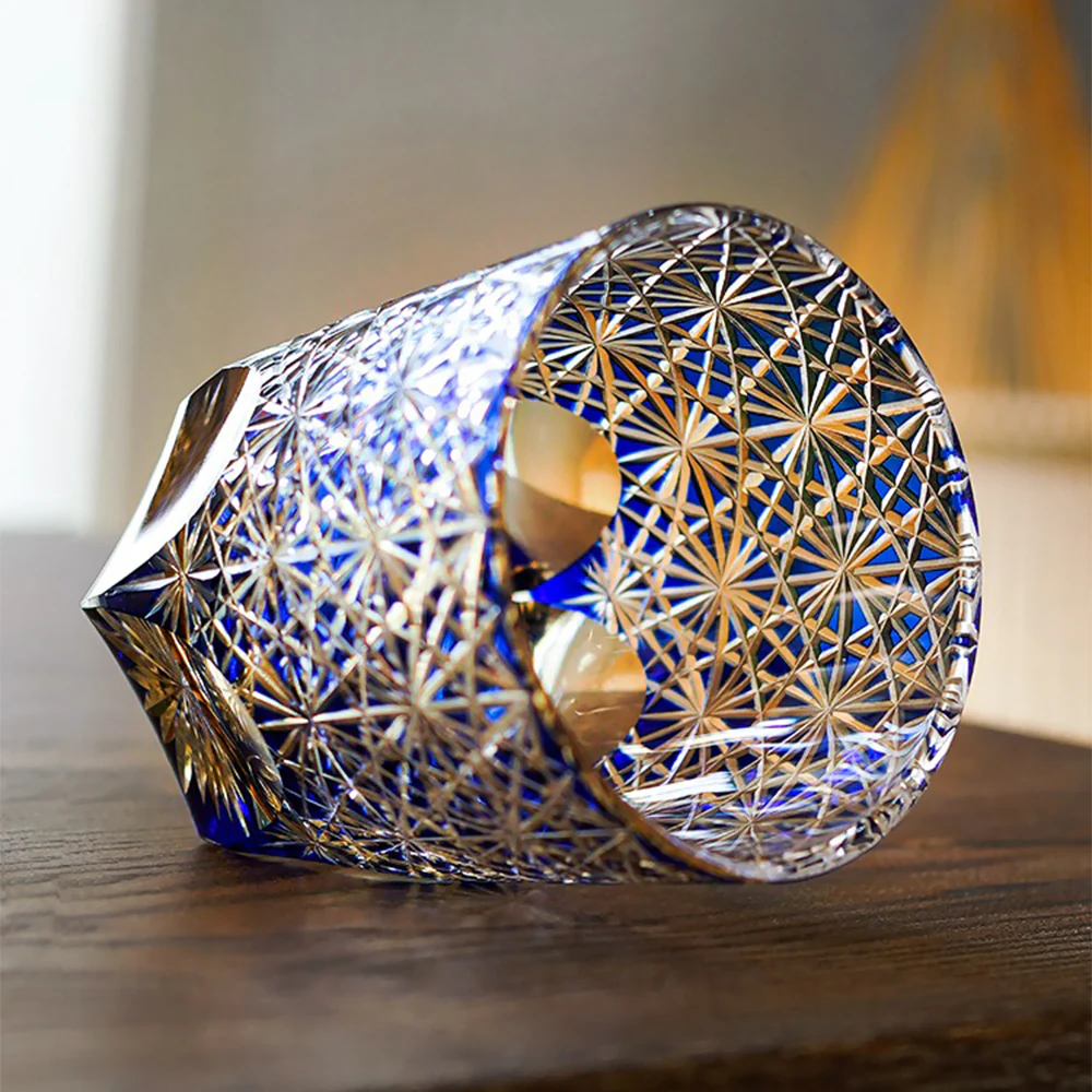 Edo Kiriko Royal Blue Star Chrysanthemum Whiskey Glass Tea Cup - Image 3