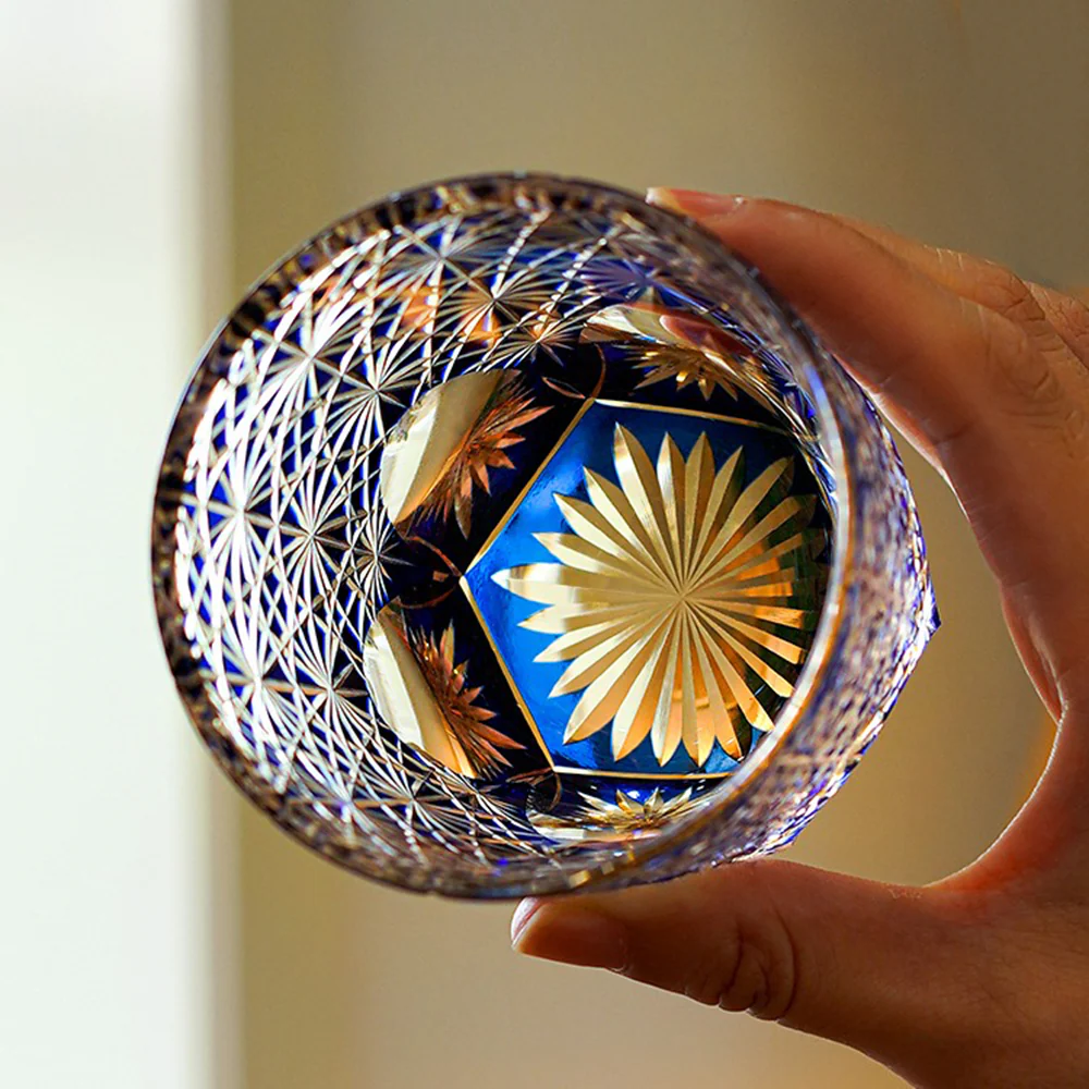 Edo Kiriko Royal Blue Star Chrysanthemum Whiskey Glass Tea Cup - Image 5