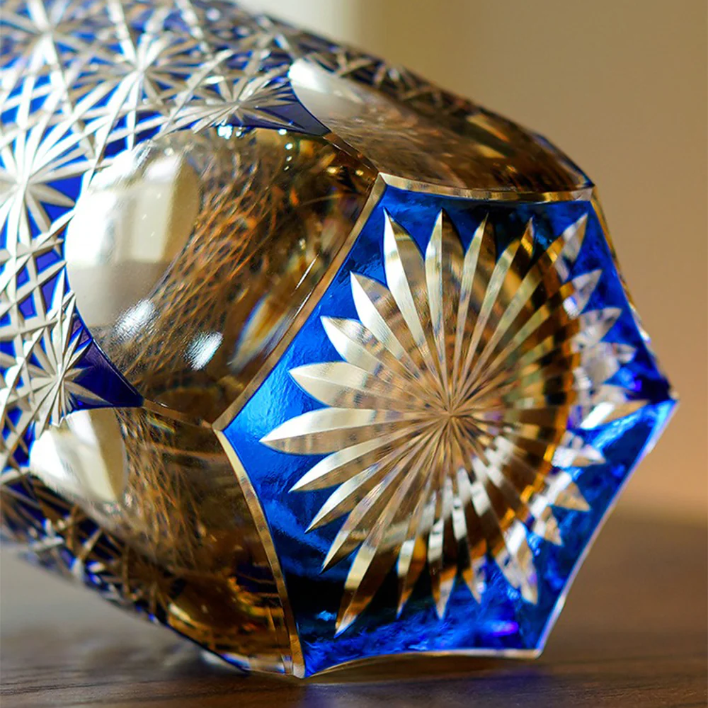 Edo Kiriko Royal Blue Star Chrysanthemum Whiskey Glass Tea Cup - Image 6