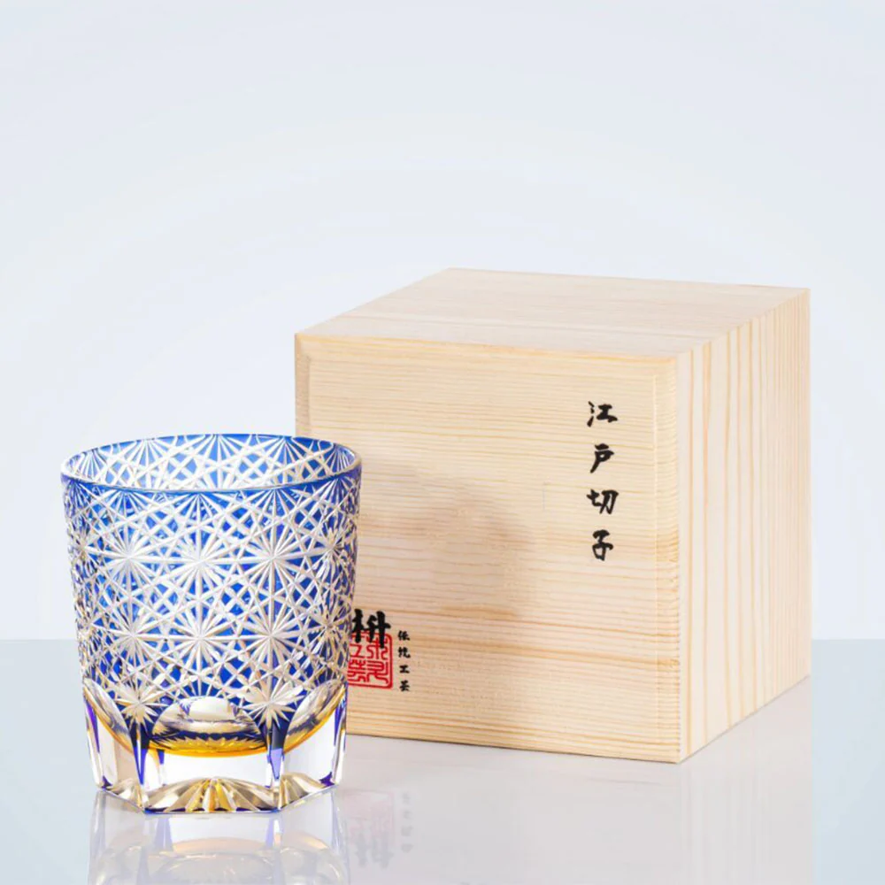 Edo Kiriko Royal Blue Star Chrysanthemum Whiskey Glass Tea Cup - Image 7