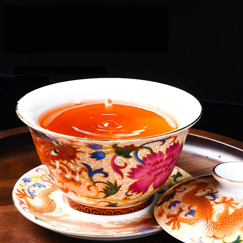 Enamel Porcelain Dragon Phoenix Gaiwan - Image 12