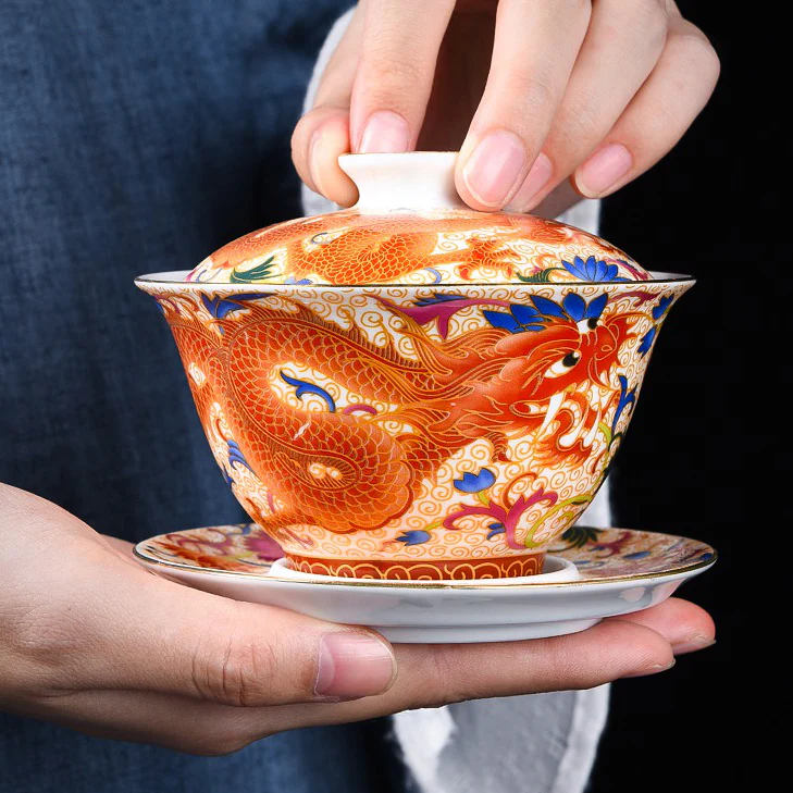 Enamel Porcelain Dragon Phoenix Gaiwan - Image 13